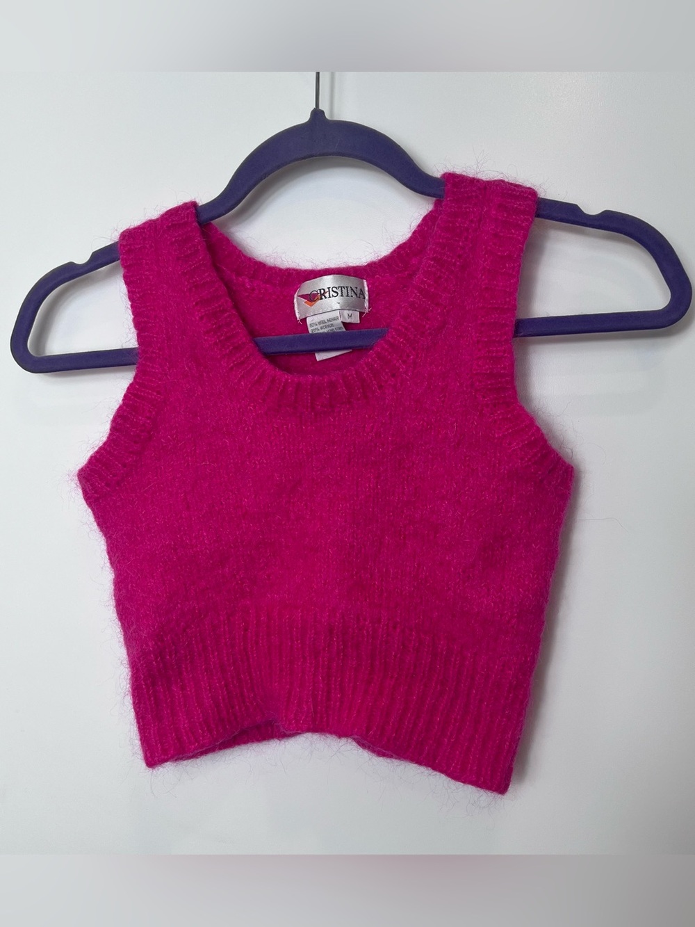 Vintage Wool Mohair Hot Pink Cristina Fuzzy Knit Crop Tank Sweater Medium Girly